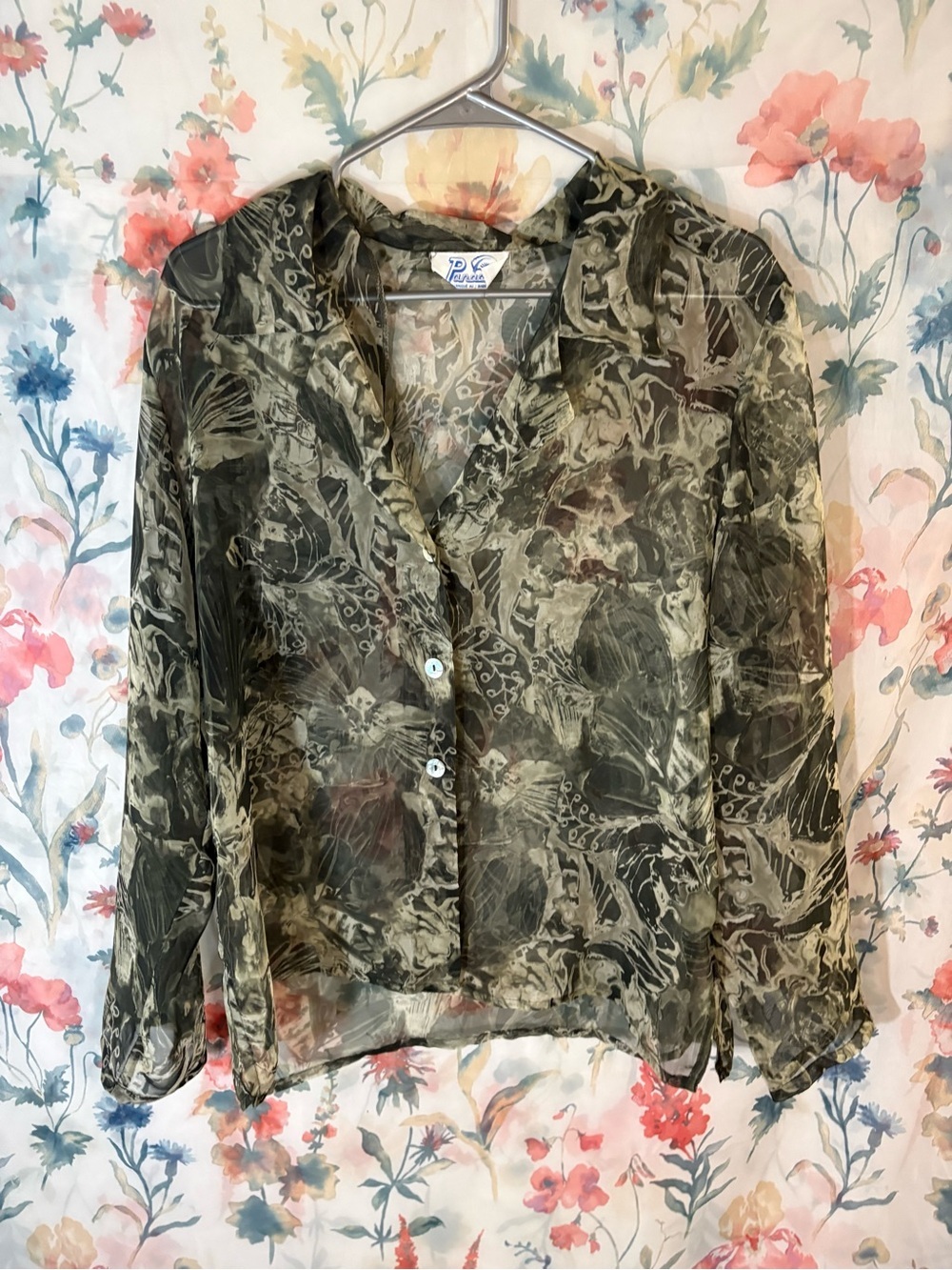 Vintage Sheer Patterned Button-Front Blouse in Olive Green